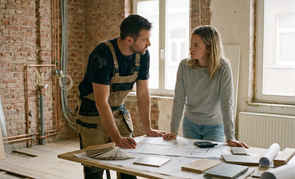 Aannemer en huiseigenaar bekijken renovatieplannen in een half afgewerkte woning met kale muren, meetlint en zacht daglicht.